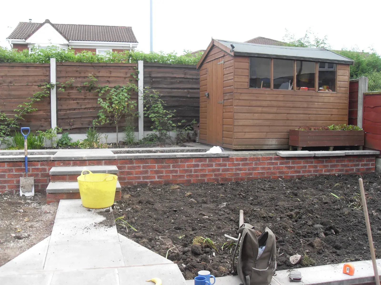 Garden steps under construction in brick and concrete